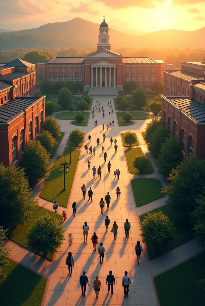 Create an aerial shot of the mainland university campus at sunrise with students walking to classes with backpacks