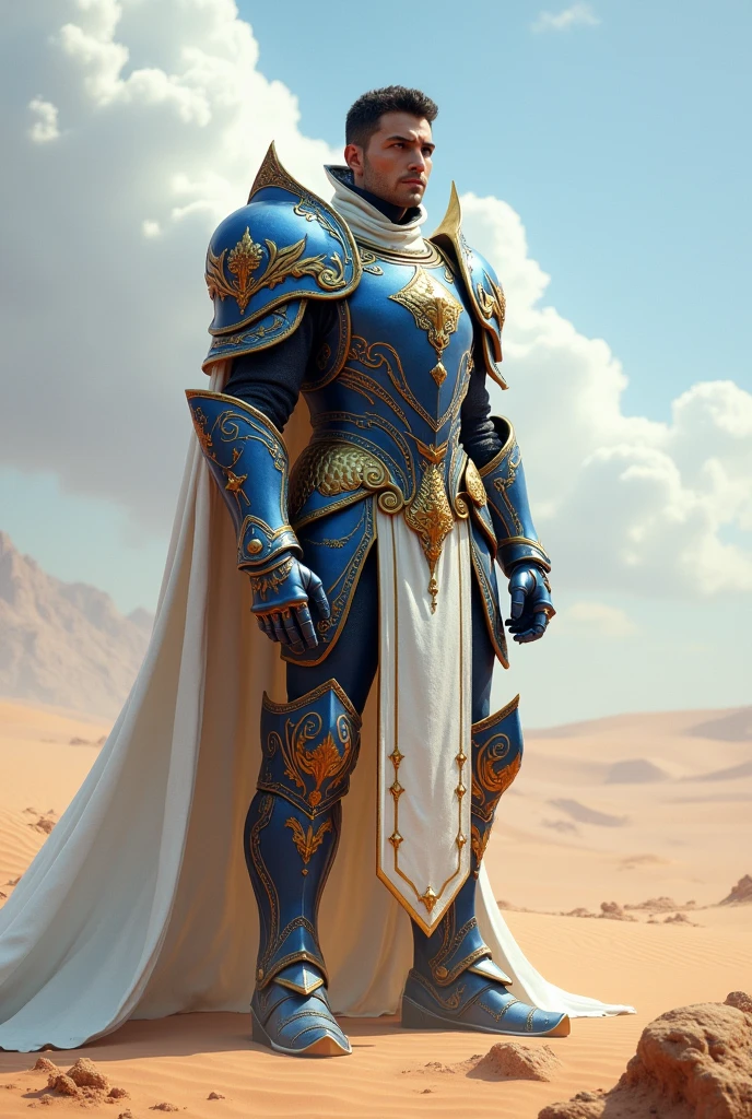 a short black haired man in colossal heavy armor standing in the desert, by Donato Giancola, wow 4 k detail, intricate white and gold armor, male cleric, sharp sleek edged black armor, d&d, zenra taliyah, blue and ice silver color armor, ultra realistic, epic scene, hyper detail, octane render, UHD