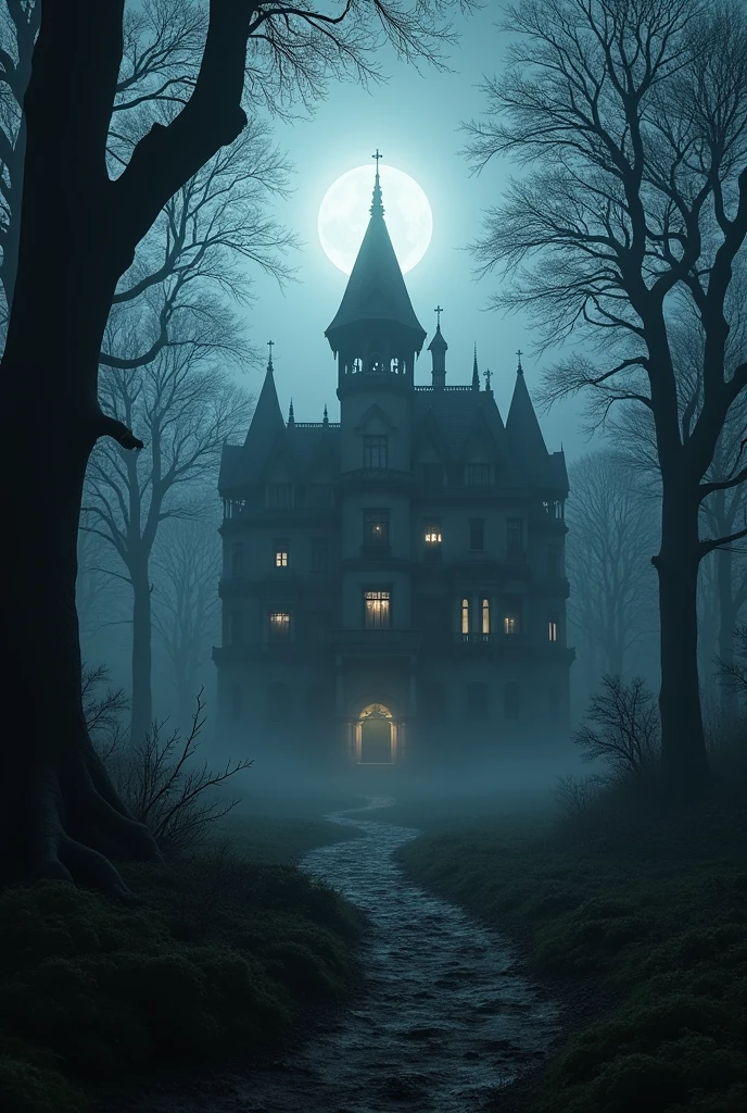 a dark and ominous hotel in the middle of a dense forest, with only the lights from the windows visible at night, an eerie and unsettling atmosphere, ultra-realistic, 8k, detailed architecture, gloomy lighting, fog, old-growth trees, overgrown vegetation, gnarled roots, moonlight, dramatic shadows, gothic style, haunting, mysterious, cinematic