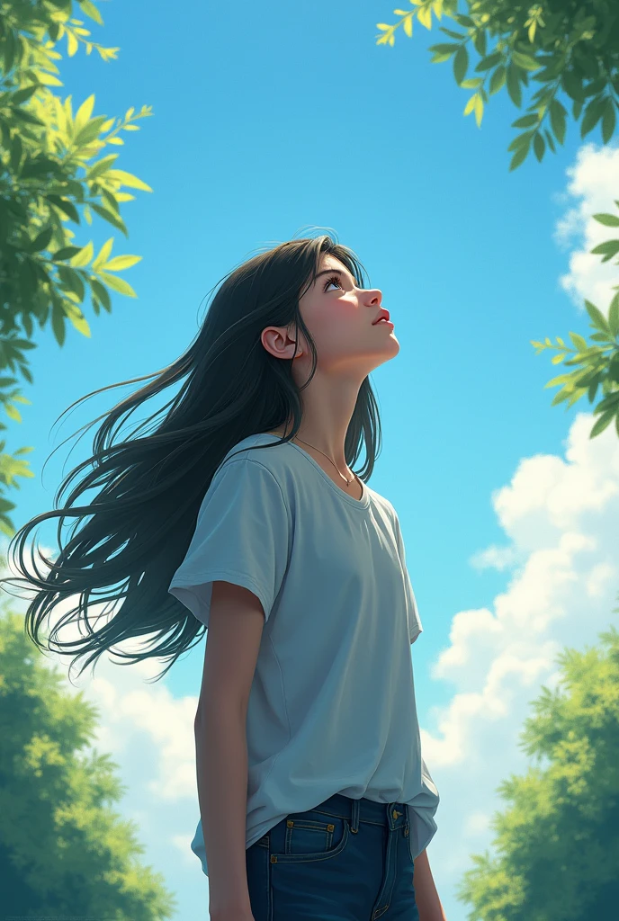 Create an image of a teenager with long hair, Keep your eyes open, look up at the sky..