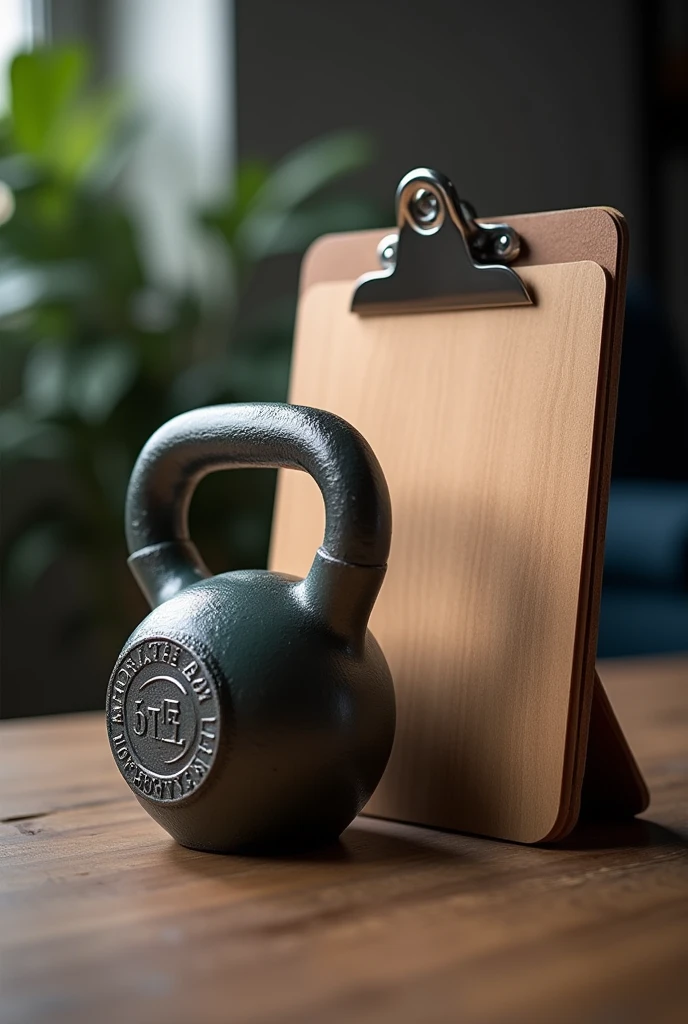 Use a 50mm f/1.8 lens to capture a hyper-realistic close-up with a shallow depth of field, keeping the focus sharp on the kettlebell and the clipboard, while the background remains softly blurred.