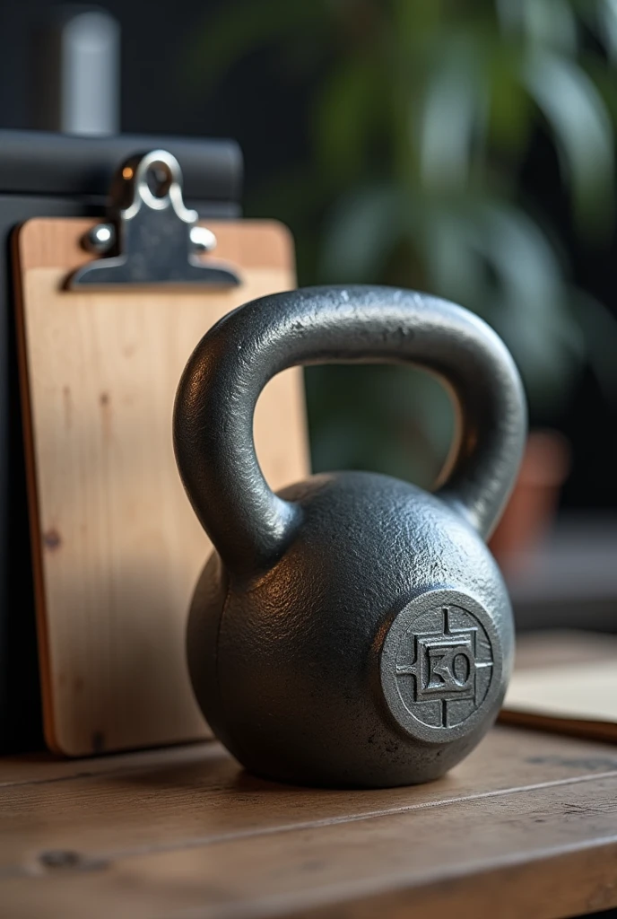 Use a 50mm f/1.8 lens to capture a hyper-realistic close-up with a shallow depth of field, keeping the focus sharp on the kettlebell and the clipboard, while the background remains softly blurred.
