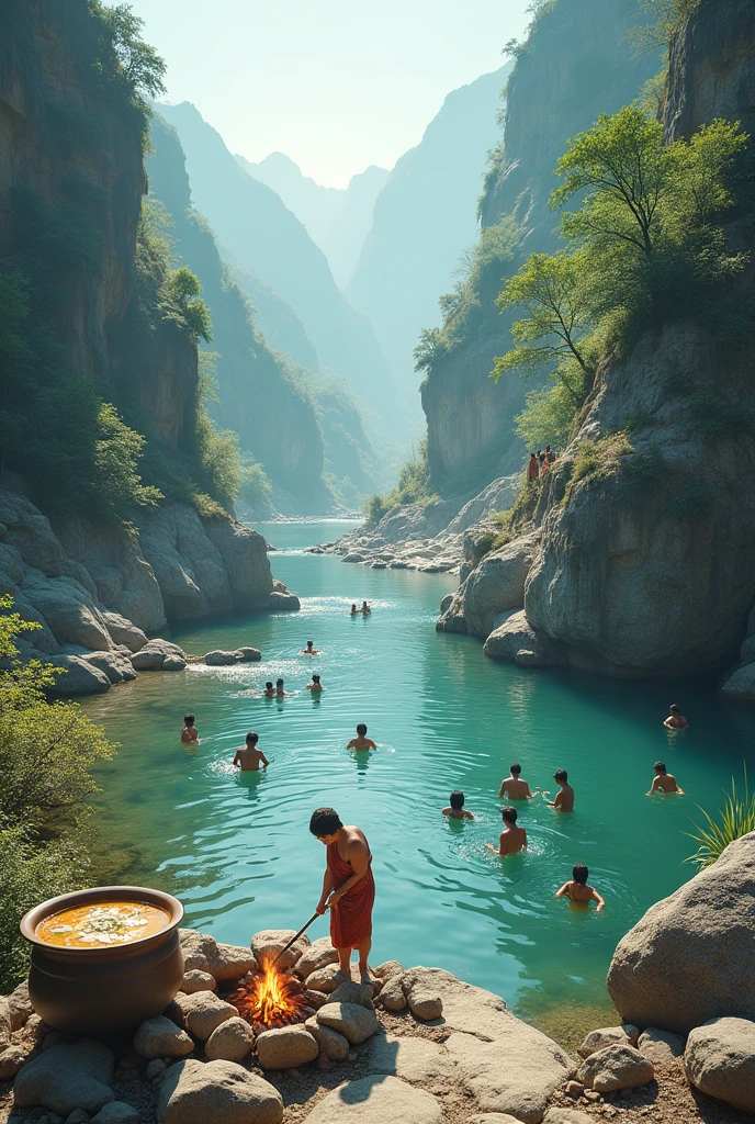 Dua iku orang benong mandi ai wong ba sungai ai sungai mayuh batu besai, fish soup, Elbow people standing on the rocks of the meda cliff, people bathing, 4k picture