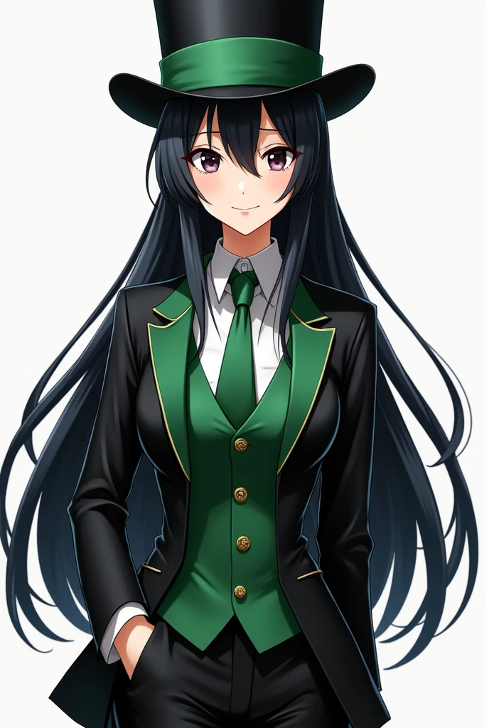 anime girl with long, black hair wearing a black top hat with a green band. she is also wearing a black and green suit. she is tall and slender and is smiling smugly at the viewer.