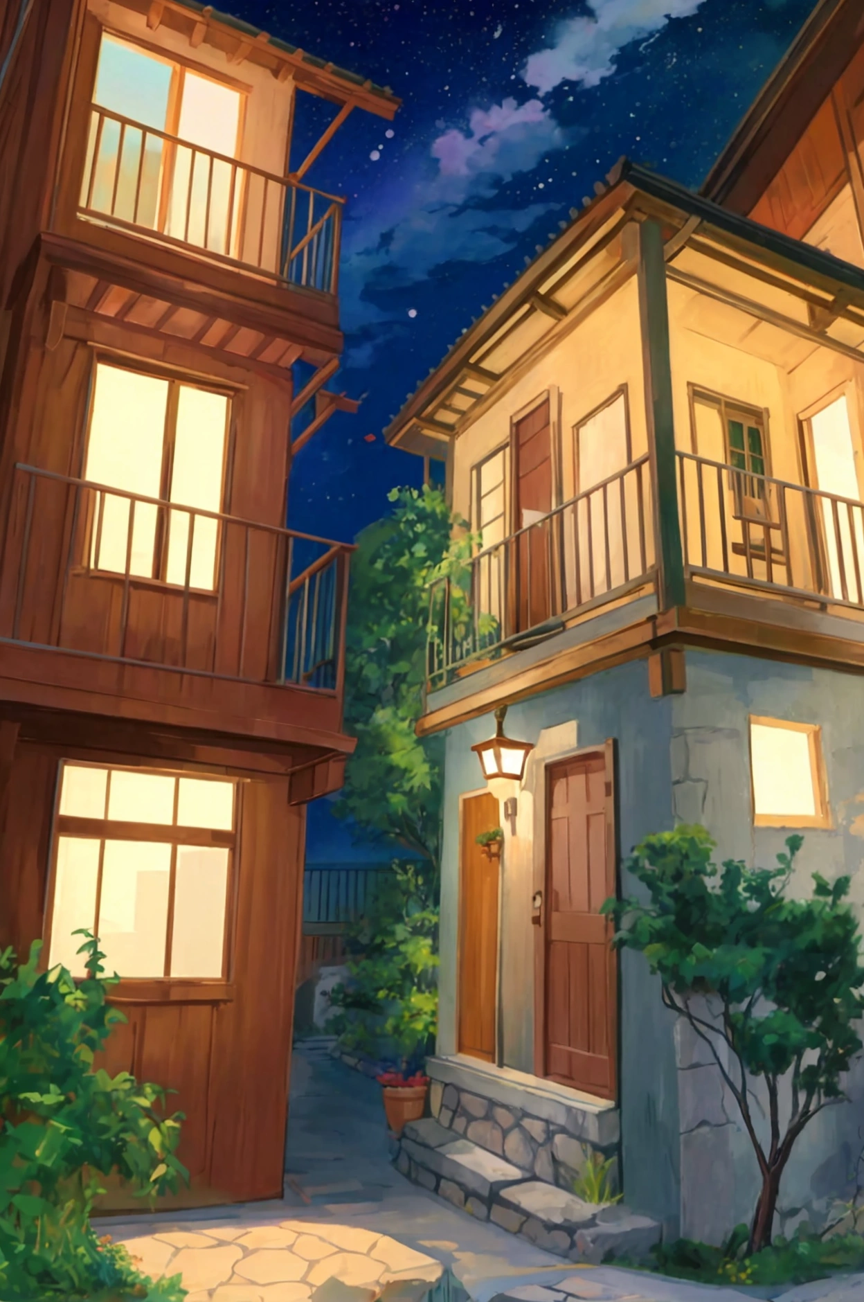 HD mural 4k house with balcony， Cute and detailed artwork in studio Ghibli art style, Summer Night