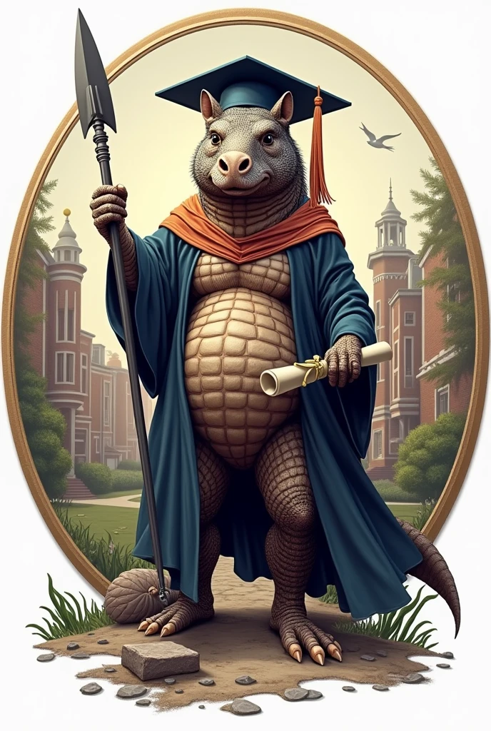 Design a logo that has a school in the background, a human "with an armadillo head" holding a spear, a diploma, a realistic graduation hat and a circular logo. It is for a graduating class.