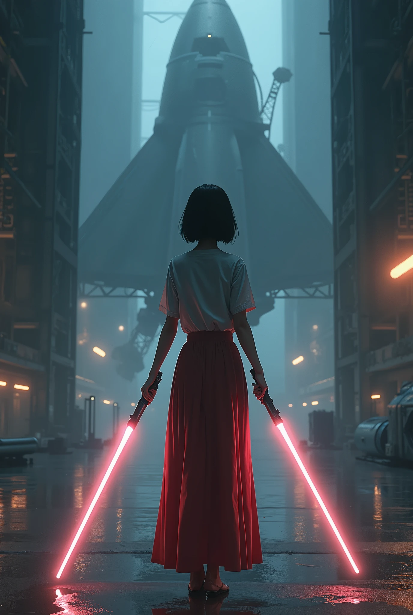 Depressed girl、Japanese、Black Hair、Bobcut、Lightsabers、Shield of Light、Spacecraft hangar、Real、Finish like a photo