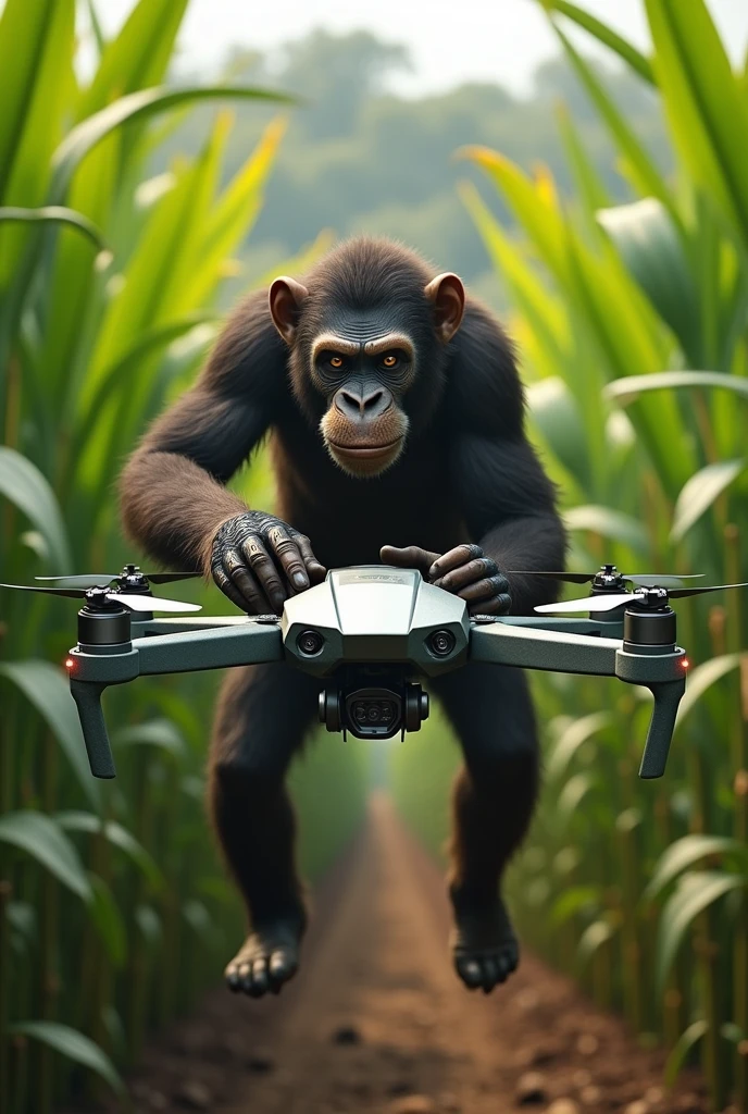 Ape piloting agricultural drone in sugar cane
