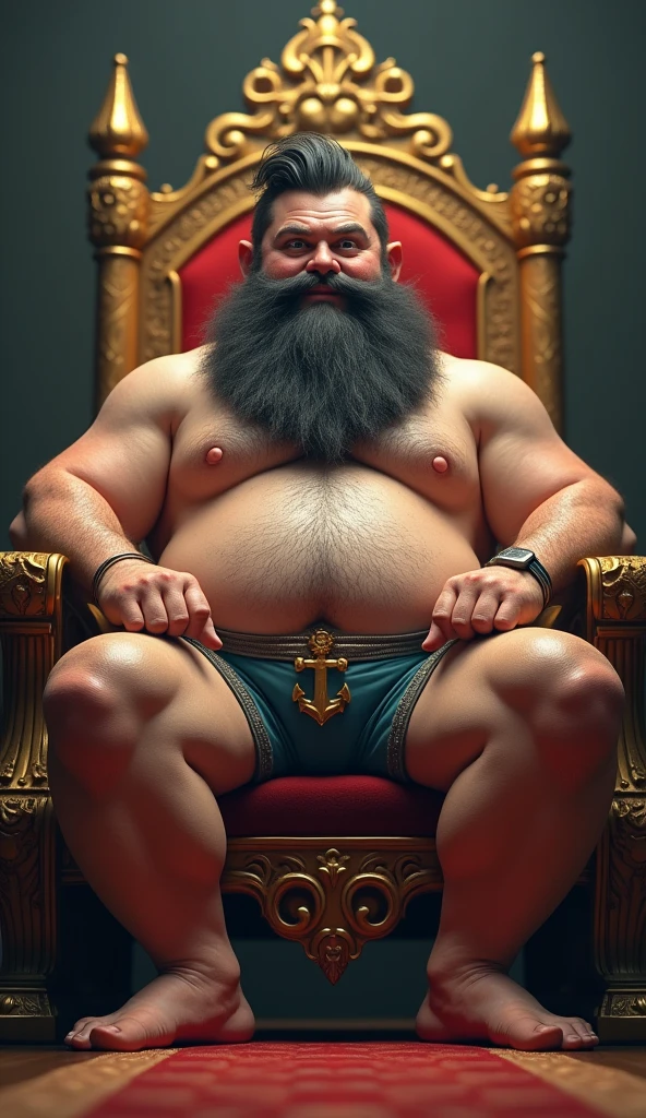 god on his ruling throne, low swim trunks with bulge in the middle, chubby, hairy, anchor beard, high resolution, ultra-detailed, sharp focus, intricate details, detailed eyes, symmetrical eyes, expressive eyes, clear pupils, vibrant eyes, focused gaze, legs wide open ,left hand is holding the belly, king's expression is intimidating with a sense of authority