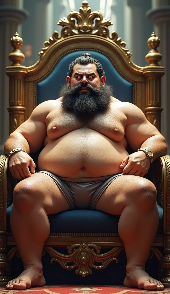 god on his ruling throne, low swim trunks with bulge in the middle, chubby, hairy, anchor beard, high resolution, ultra-detailed, sharp focus, intricate details, detailed eyes, symmetrical eyes, expressive eyes, clear pupils, vibrant eyes, focused gaze, legs wide open ,left hand is holding the belly, king's expression is intimidating with a sense of authority