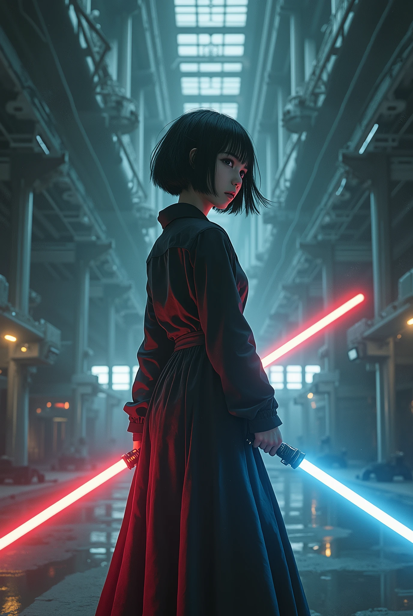 Depressed girl、Japanese、Black Hair、Bobcut、Lightsabers、Shield of Light、Spacecraft hangar、Real、Finish like a photo