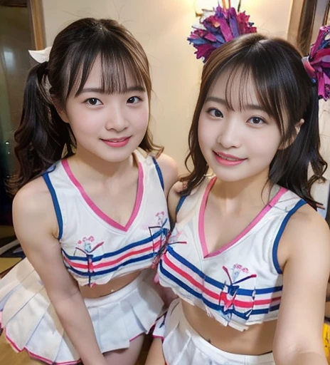 ((Two cheerleaders in one frame:1.44))、(Emphasis on the knees:1.1)、(8ＫRaw photography、top-quality、masuter piece:1.2)、Ultra-detail、ultra res、(realisitic、rialistic photo:1.37)、portlate、high-definition RAW color photography、Professional Photography、highly detailed and beautiful、ighly detailed、8ＫImage wallpaper、amazing detailed、huge filesize、Official art、Highly detailed CG Unity 8ＫWallpapers of、highly detailed beautiful girl、extra detailed face、extremely detailed eye、highlydetailed skin、extremely detailed fingers、highly detailed nose、very detailed detailed mouth、Perfect Anatomy、Detailed background、18year old、10 generations、Cute  s、Realistic body、white-skinned、glistning skin、Handsome body、A darK-haired、kawaii、kawaii faces、Lifelike face、Delicate eyes、Looking at the camera、front facing、thick thight、(Highly detailed white skin)、(Colossal tits)、Tecateca、embarassed face、Excited face、Muchimuchi、(looking at from the front:1.2)、(Gorgeous American Cheerleading Costumes:1.2)、(BIG ASS:1.33)、((I want to see up to the kneecaps))、((Wavy luxurious pigtails:1.13))、smil、((Slimy with oil))、(BBW)、(((The nipple is visible:1.35)))、((crouching down:1.4))、(Both of them spread their legs wide from side to side.:1.33)、((Two cheerleaders))、((Put your hands and fists on your chest:1.43))