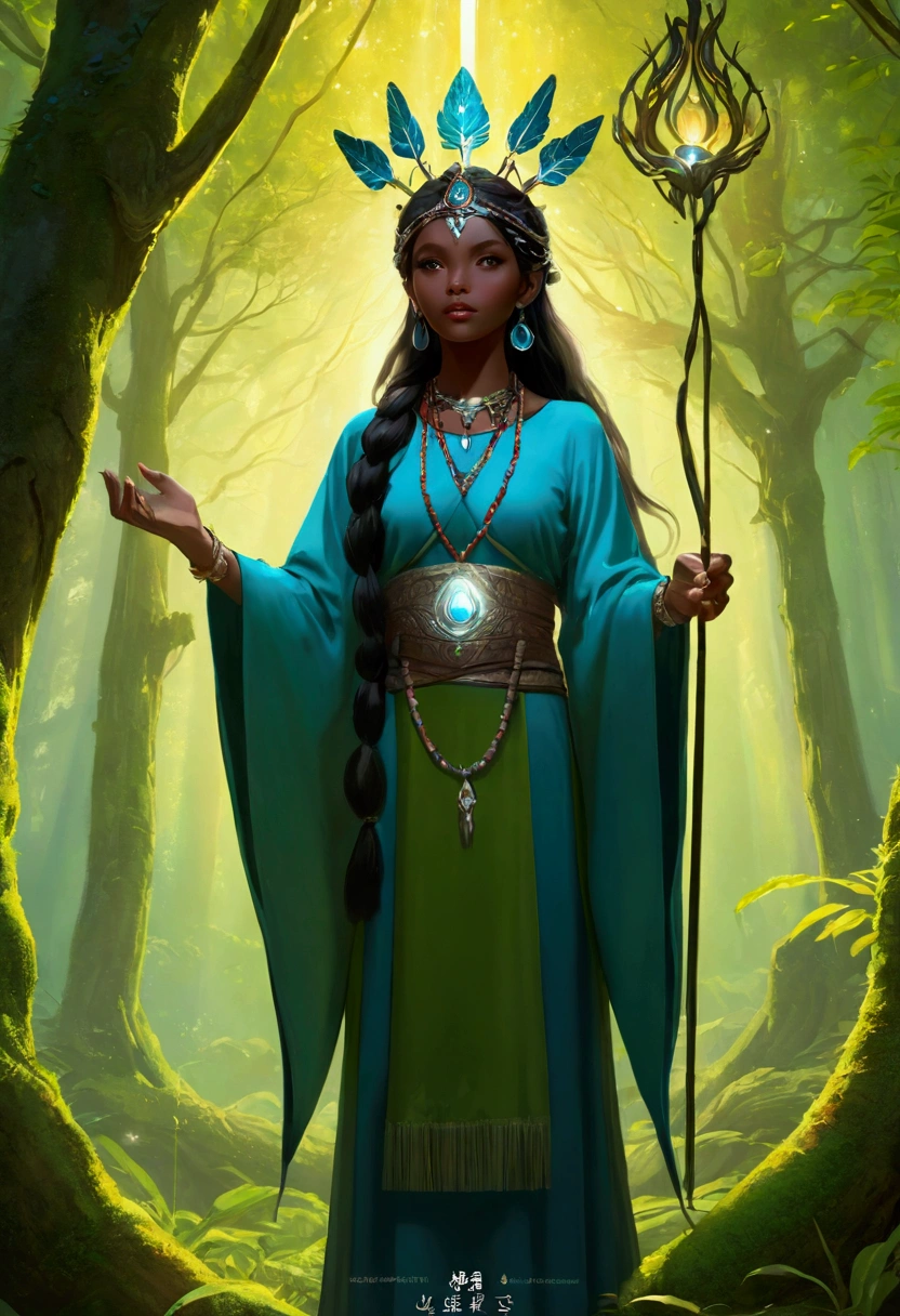 Model shooting style, (Extremely detailed CG unity 8k wallpaper), Full-length photos of the world&#39;s most beautiful artworks, Shaman in the dense forest，Prayer ceremony，Dark Skin, Delicate face，Long hair，Colorful grid clothes，Diamond crown，Mysterious atmosphere，Glowing energy，Ethereal Lights，Lush nature，Mossy ground，Ancient Trees，Sunlight，（Best quality，4K，8k，high resolution，masterpiece：1.2），Ultra-detailed，Movie-grade lighting，Dramatic shadows，warm color，，magic，Professional majestic oil paintings by ed blinkey, Artie Guerin, Studio Ghibli, author：Jeremy Mann, Greg Manches, Antonio Moro, Photorealistic art by midjourney and greg rutkowski，