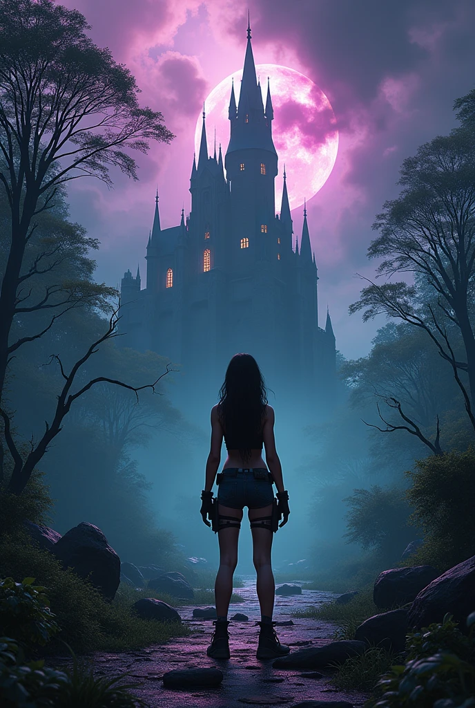 put lara croft in a dark fantasy scene in an 80s style, with a gothic castle emerging from the shadows of an enchanted forest. The sky must be full of storm clouds, illuminated by rays of supernatural light. . The color palette should include dark and intense tones, like purple, deep blues and smoky greens, with a hint of metallic sheen