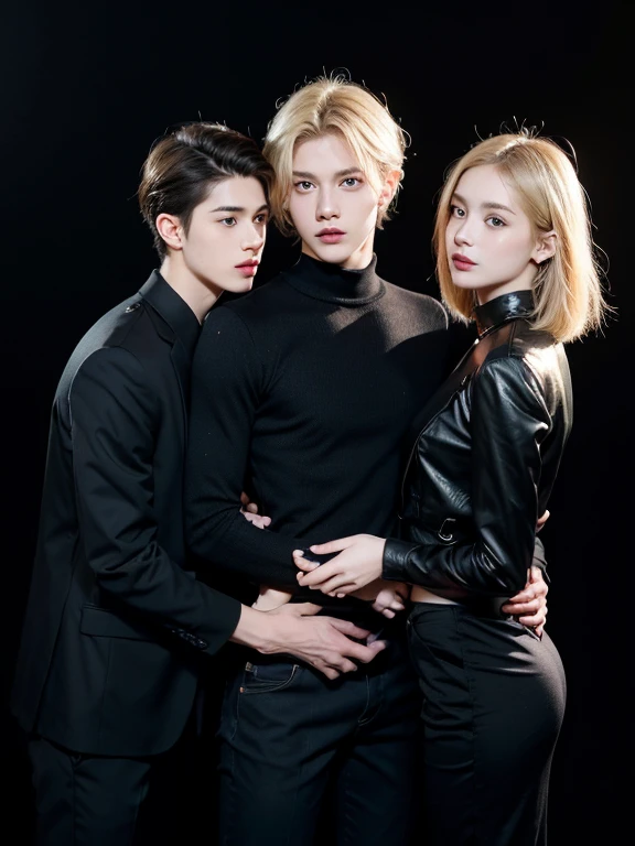 Professional photo shoot for a world famous fashion magazine ! Three very cute teenage boys with super trendy elegant hairstyles. one blonde. dressed in fashionable black outfits , Look at each other , in different dynamic poses on a black background . Their black clothes , hair blends into black background , Only the face is visible , hands , because . Beautiful !