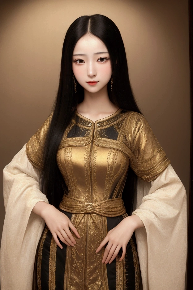 ((Masterpiece Real Photos 8K Wallpaper))(( Full-length or half-length portrait))I want to create the woman I desire.She is about 2. Height 168 cm.She has long, straight, black hair that reaches her waist..She is a young oriental woman with a figure in line with the golden proportions of the human body, exquisite facial features, and a healthy complexion.. I want her to be like Mona Lisa.Always with a mysterious smile on his face.And looked at me with loving eyes.