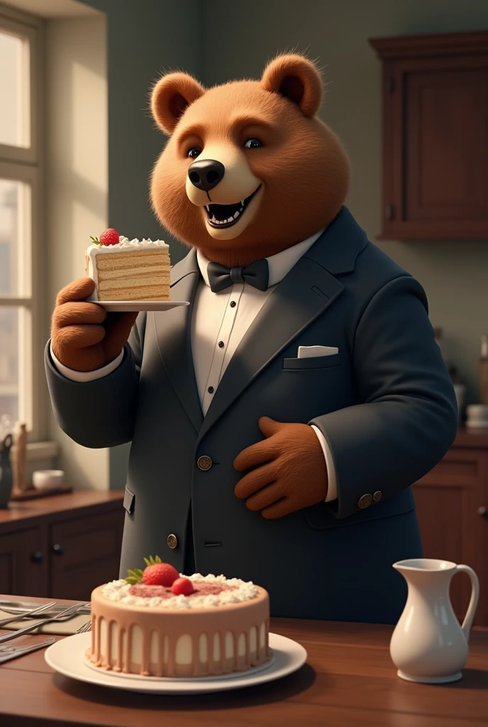 Adult bear in suit eating cake