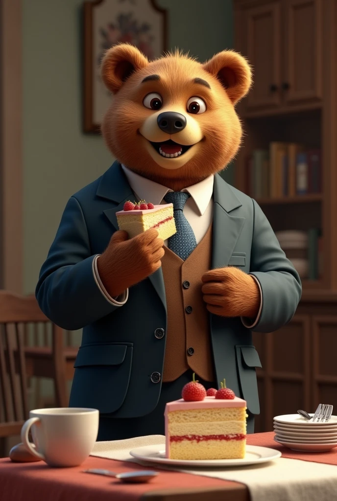 Adult bear in suit eating cake