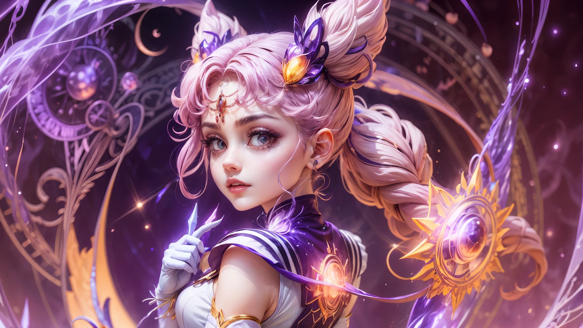 a young anime-style magical girl with a futuristic, ethereal atmosphere. She has long, flowing, light-colored hair styled into twin buns and is wearing a detailed, vibrant, and stylish sailor uniform in shades of purple and white. Her outfit should have metallic accents, ribbons, and a brooch with a gemstone in the center. The character should have large, expressive eyes with a hint of sparkle, and she is looking back over her shoulder with a confident yet playful expression. The background is a blend of glowing city lights and abstract magical elements, creating a sense of wonder and adventure.