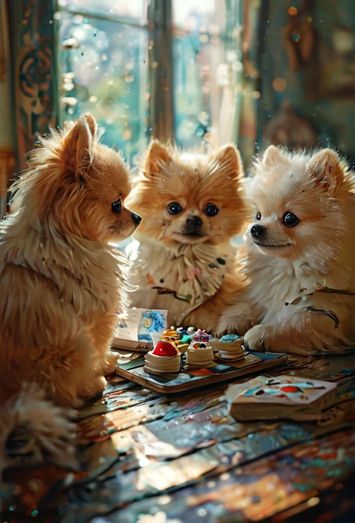 A group of baby Pomeranians gathered around a table、Playing a card game, The fur is white and the ears are round.,Disney,One Pomeranian is white、The other Pomeranian is reading a book. The rendering style is reminiscent of modern art.  