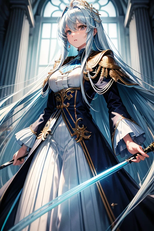 Rimuru Tempest(((Light blue straight hair.beautiful girl))),Black aristocratic long coat(Lavish decoration)With bore,Aristocrat&#39;s black trousers))),Noble&#39;s black clothes　Nobleman&#39;s Boots,(((Short cute girl.A big smile))),Holding a long sword in one hand