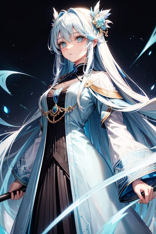 Rimuru Tempest(((Light blue straight hair.beautiful girl))),Black aristocratic long coat(Lavish decoration)With bore,Aristocrat&#39;s black trousers))),Noble&#39;s black clothes　Nobleman&#39;s Boots,(((Short cute girl.A big smile))),Holding a long sword in one hand