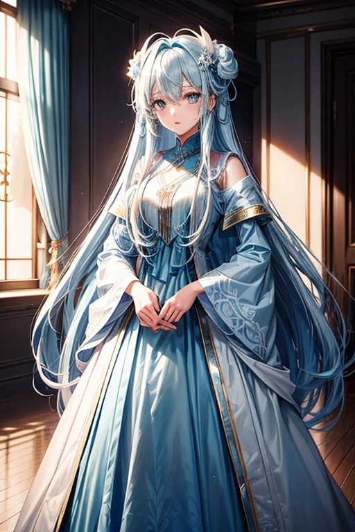 Rimuru Tempest(((Light blue straight hair.beautiful girl))),Black aristocratic long coat(Lavish decoration)With bore,Aristocrat&#39;s black trousers))),Noble&#39;s black clothes　Nobleman&#39;s Boots,(((Short cute girl.A big smile))),Holding a long sword in one hand