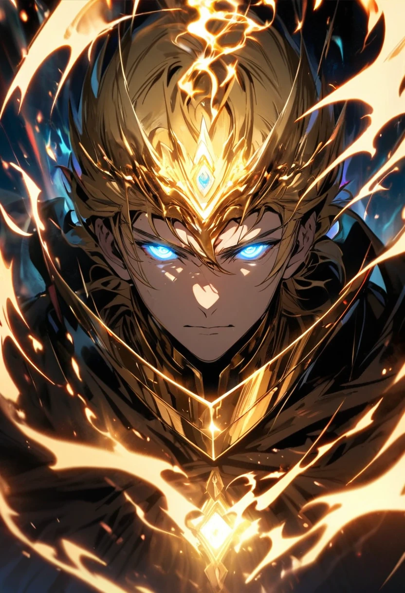 male, solo, handsome, blond hair, god, god eyes, glowing eyes, light, aura, holo, golden, face close