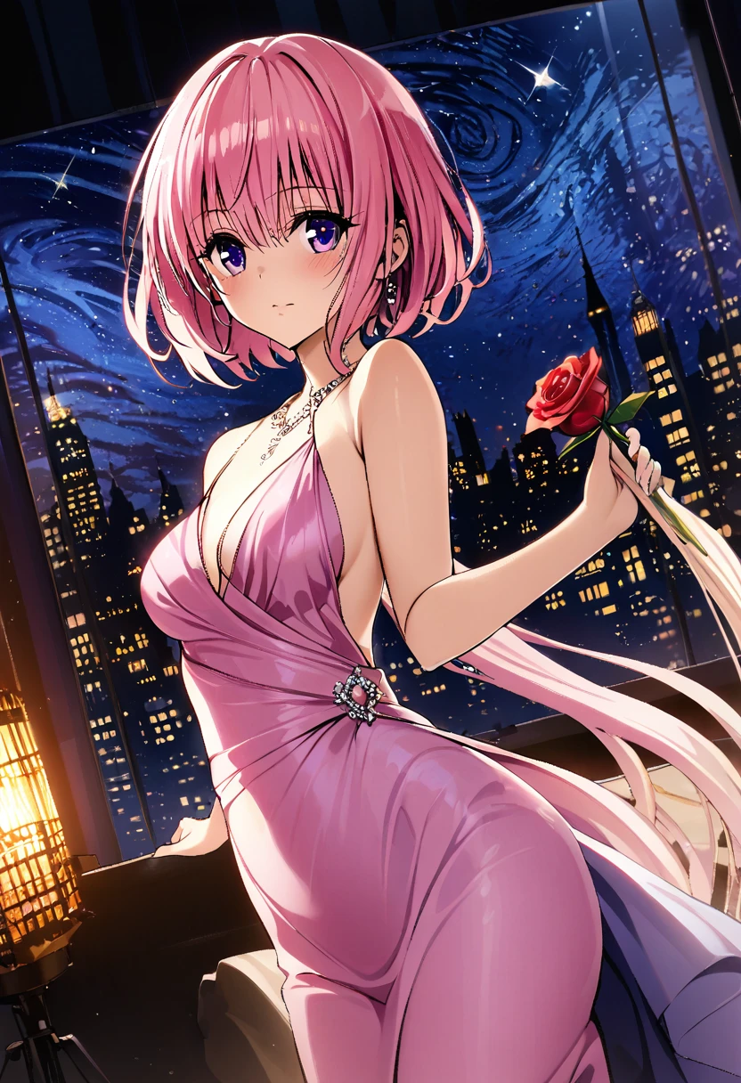 1girl,Momo Belia Deviluke, pink short hair flowing, purple eyes sparkling, elegant evening gown, studio set of starry night sky, dramatic side lighting, holding a rose, professional studio lighting, masterpiece, best quality, absurdres