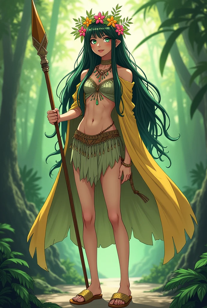 oc anime, female, human race, long hair and dark brown eyelashes, somewhat messy but straight, emerald eyes, flower crown on her head, wears an indigenous tribal leader's outfit, having a golden cape on her back, and wearing beige slippers, in addition she has a spear, and emanates a greenish aura from her body