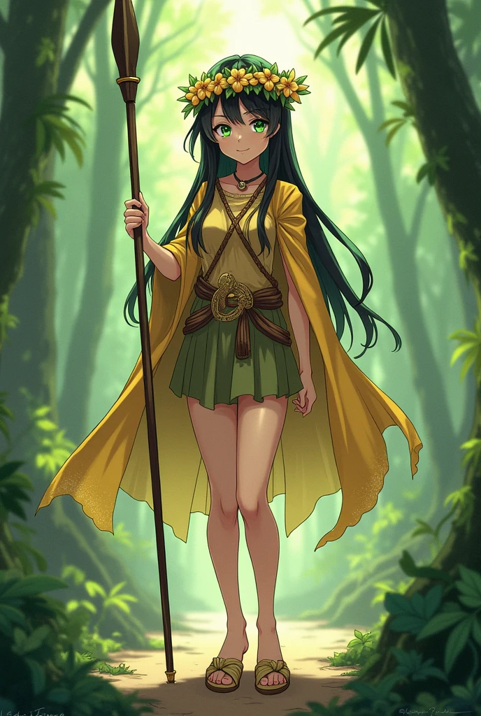 oc anime, female, human race, long hair and dark brown eyelashes, somewhat messy but straight, emerald eyes, flower crown on her head, wears an indigenous tribal leader's outfit, having a golden cape on her back, and wearing beige slippers, in addition she has a spear, and emanates a greenish aura from her body