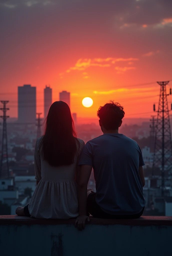 make a young couple of lovers sitting on the roof of a balcony and watching the beautiful and surreal sunset on the horizon, in a dark, gray, abandoned modern city, there are tall buildings on the horizon, a neighborhood alley, There are several electricity poles on the horizon and the city stretches across the horizon