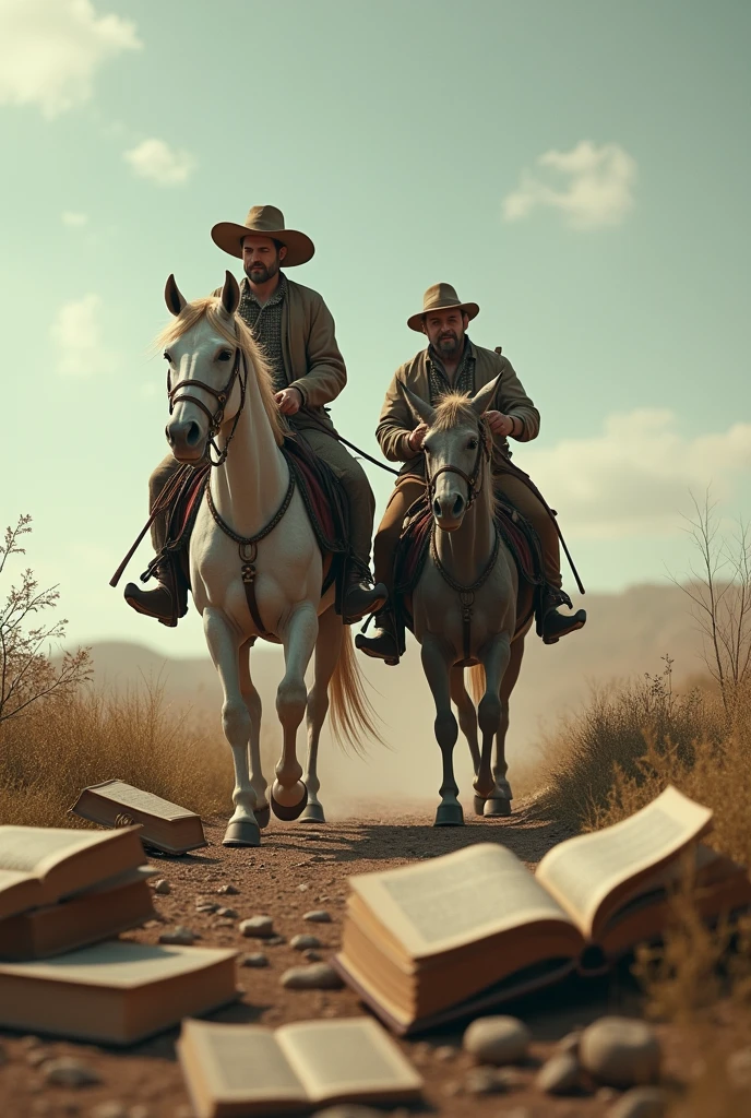 Don Quixote of La Mancha on his horse and Sancho Panza on his mule among books walking backwards towards the horizon