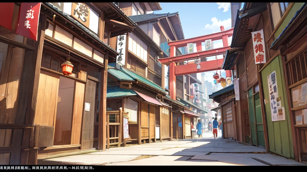 A bustling Japanese street, full of traditional shops and vibrant signs. The street is crowded with a variety of intricate objects and details., creating a rich and immersive environment. The atmosphere is dreamlike, with pastel colored clouds floating in the sky. Koi fish swim gracefully through the air, Birds flutter and cats roam the scene. People wear traditional Japanese clothing, like kimonos and yukatas, which adds a touch of cultural authenticity. The whole scene is bathed in soft pastel tones, enhancing its surreal and charming quality.