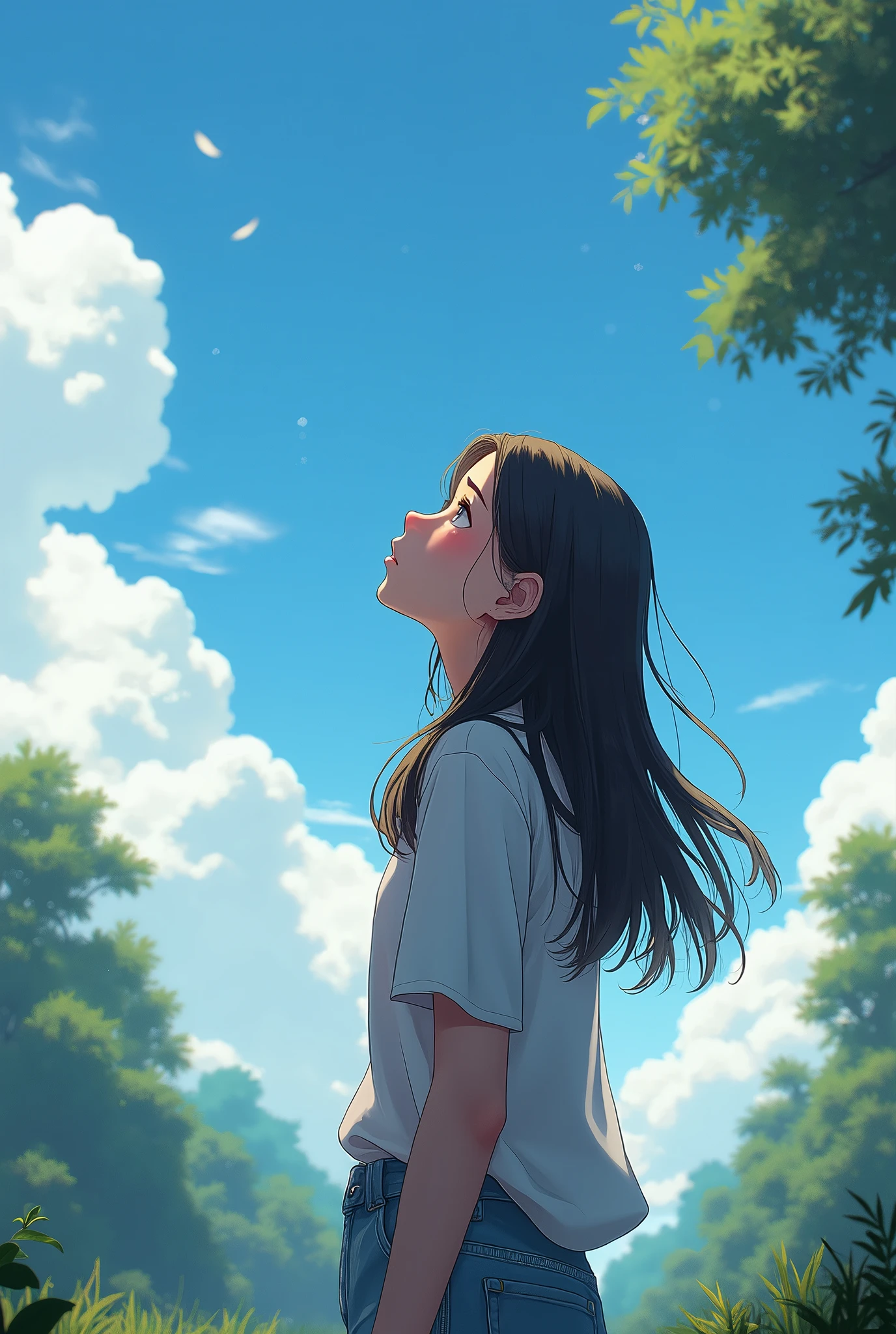 Create an image of a teenager with long hair, Keep your eyes open, look up at the sky..