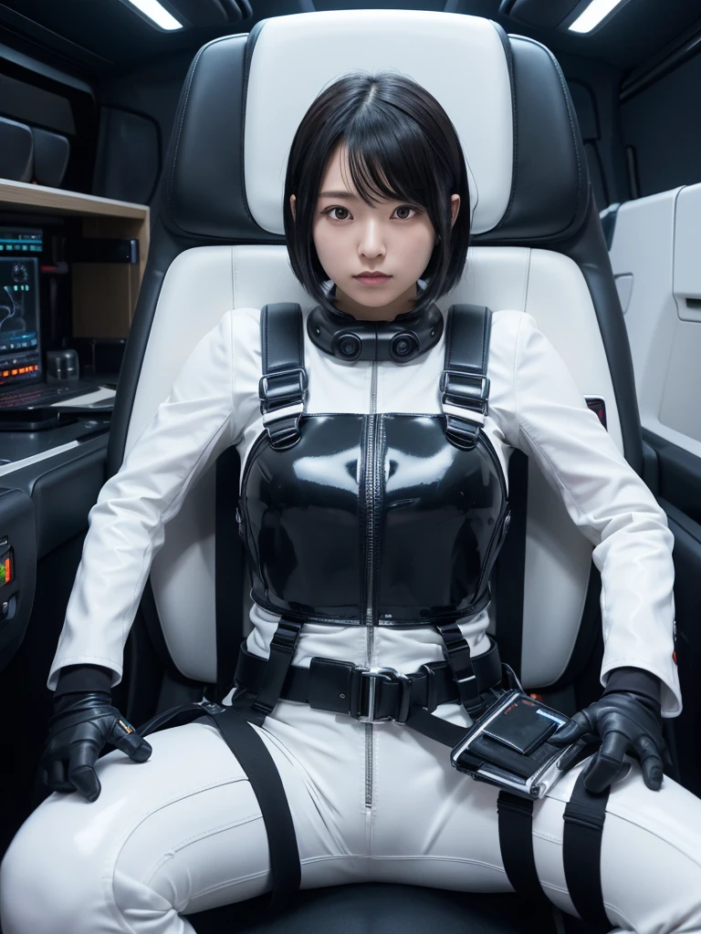 Japanese female android,Black Hair,Space capsule,The person is completely secured in the seat with the backrest reclined by a thick harness belt.,Plump,Spread your legs,Squat,Shiny white robot suit,Surrounded by switches and monitors,