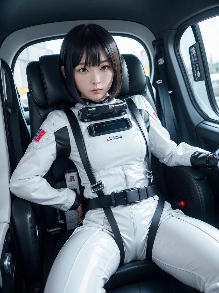 Japanese female android,Black Hair,Space capsule,The person is completely secured in the seat with the backrest reclined by a thick harness belt.,Plump,Spread your legs,Squat,Shiny white robot suit,Surrounded by switches and monitors,