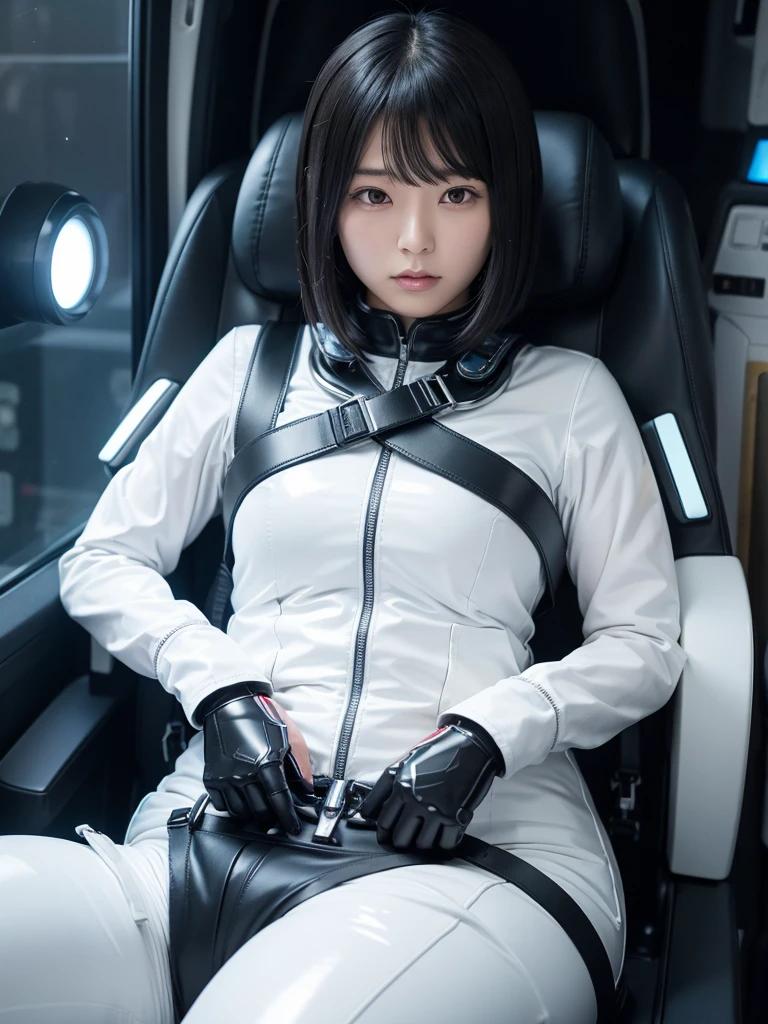 Japanese female android,Black Hair,Space capsule,The person is completely secured in the seat with the backrest reclined by a thick harness belt.,Plump,Spread your legs,Squat,Shiny white robot suit,Surrounded by switches and monitors,