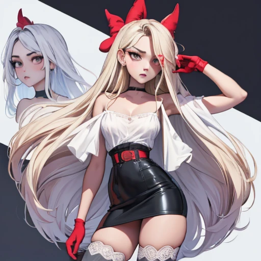 full-body, stand, side, pose for photo, pose(masterpiece, best quality:1.4), absurdres, highres, ultra detailed, beautiful, (secretary), (perfect face, detailed face, beautiful:1.3),(natural small breasts, cleavage), collarbone, fingerless gloves, gloves,spaghetti strap top, black pencil skirt, tight, over the knee skirt, hat, elegant secretary outfit, thighhighs, thick thighs, thighs, multiple belts, More detailed 8K.motor irreal:1.4,UHD,La mejor calidad:1.4, fotorrealista:1.4, textura de la piel:1.4, obra maestra:1.8,obra-prima, mejor calidad, (detailed face features:1.3),(manos detailed)