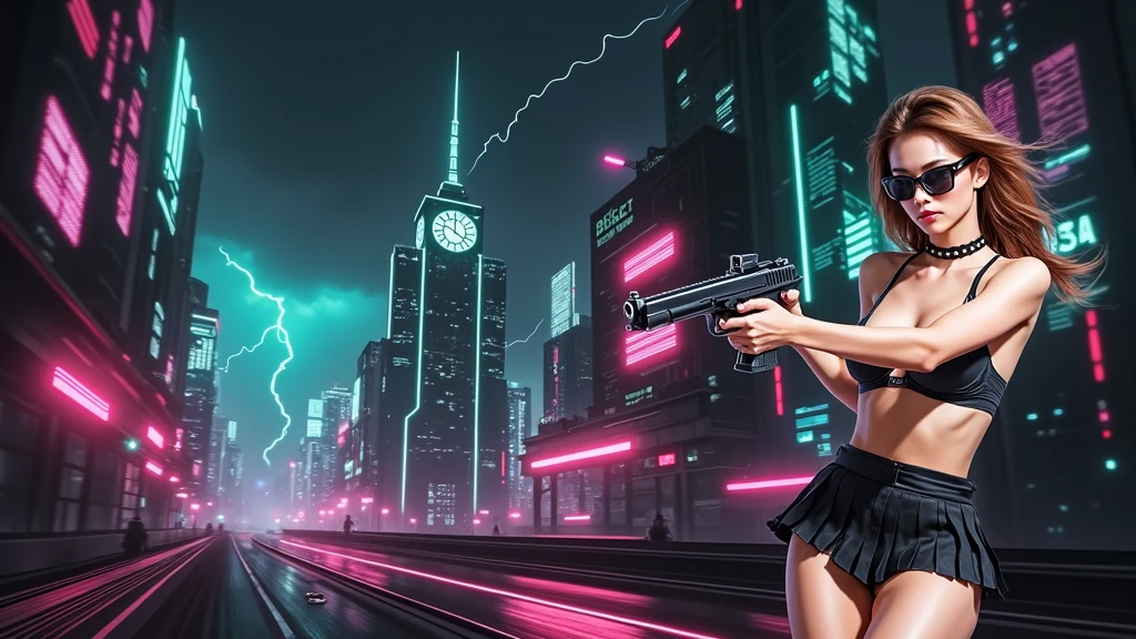 (Wide angle aerial view). At night, simple outlined cyberpunk city, flying cars, all-glass buildings, glowing giant clock tower, lightning, line art background. High-resolution OLED GUI interfaces in the building, The windows are filled with transparent data visualization infographics that show it all, very close-up green glowing cascading code. Colors are saturated and vibrant. At night, (1girl, solo, alone), photorealistic, large-breast slim:0.6 body, oval:0.5 face, black mini bra, cleavage:1.1, deep-v, very low angle view of black pleated miniskirt, white panty, (upskirt), glove, (Matrix style black micro sunglasses), (aiming viewer with a short gun), dynamic running pose, (half-body thigh level close-up shot), cinematic lighting, ray tracing, motion blur background.