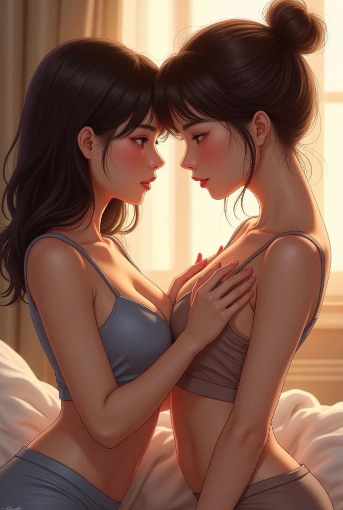 A Korean woman wearing sleeveless clothes is having her armpits tickled by another woman.