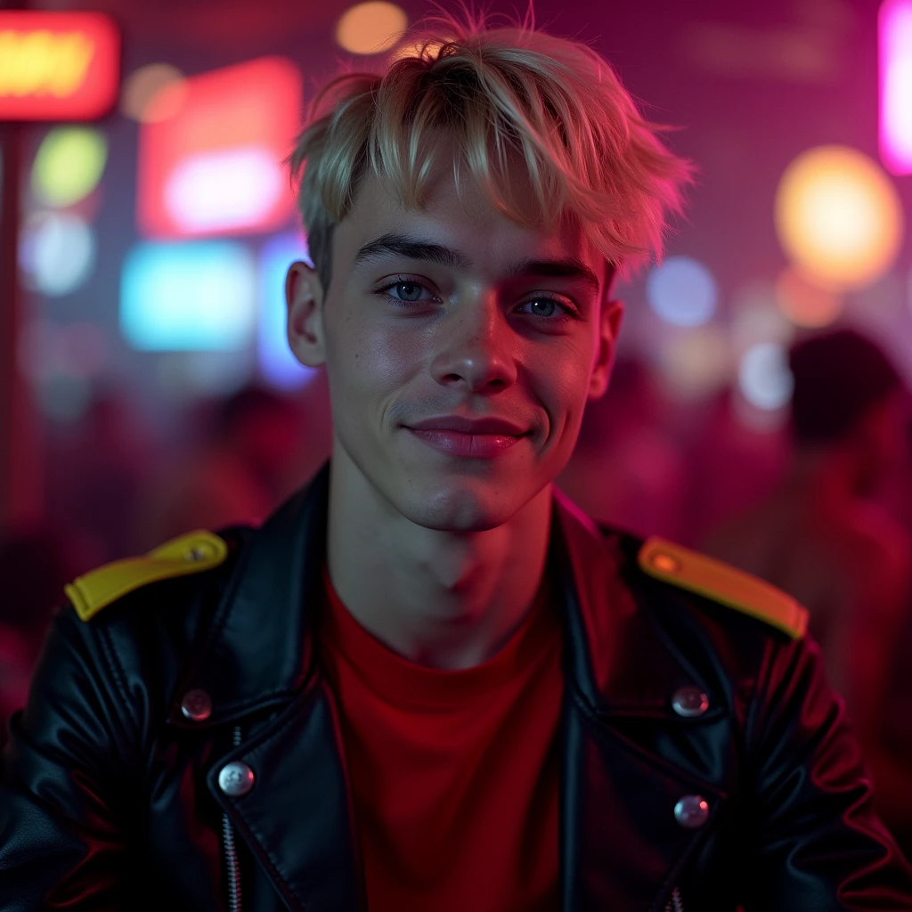 photograph head shot, attractive 22 year-old male model, short platinum blond layered textured side swept bangs hair, vibrant blue eyes,  face, skinny svelte body, dominant smirking expression, almond shaped eyes, very pale skin tone, black leather jacket with yellow accents on shoulders, red shirt, inside private underground club, dim lighting, neon lighting, cinematic