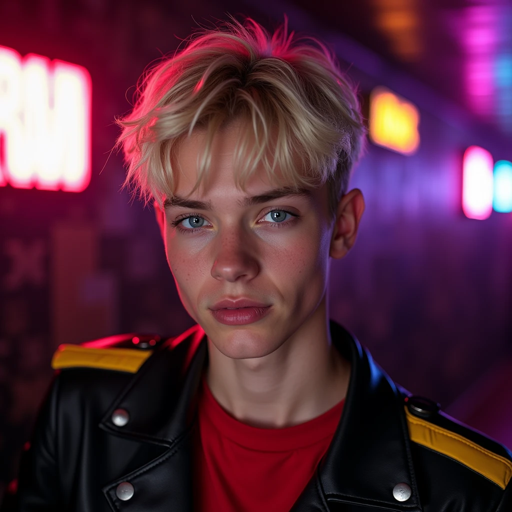 photograph head shot, attractive 22 year-old male model, short platinum blond layered textured side swept bangs hair, vibrant blue eyes, face, skinny svelte body, dominant smirking expression, almond shaped eyes, very pale skin tone, black leather jacket with yellow accents on shoulders, red shirt, inside private underground club, dim lighting, neon lighting, cinematic