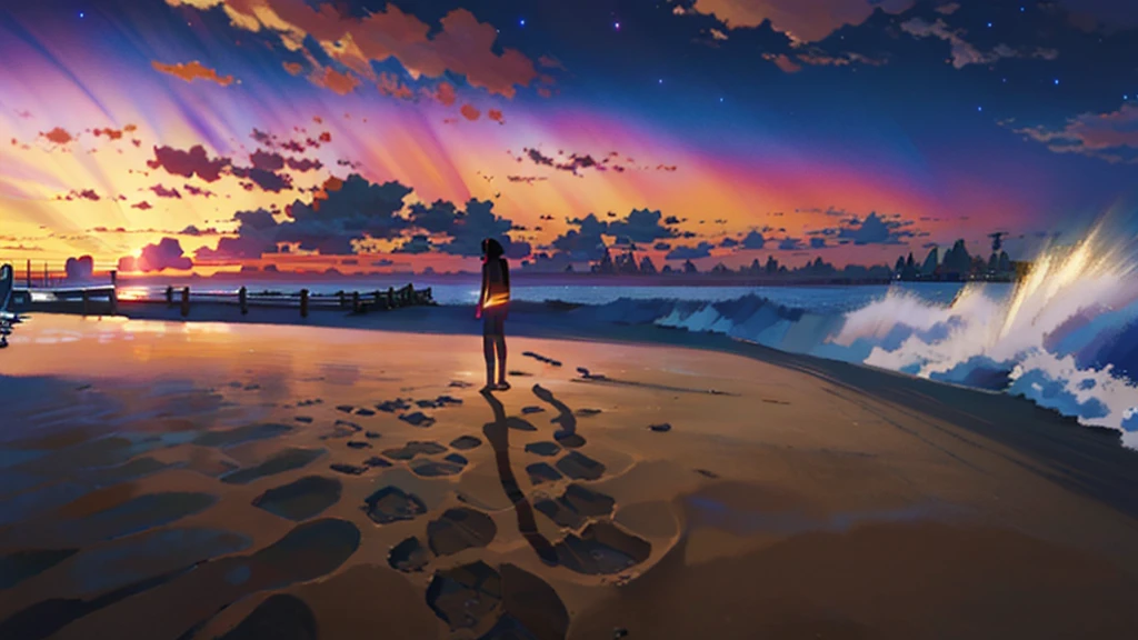 (masterpiece:1.4), (Highest quality:1.4), Very detailed, Complex, Super detailed, A girl standing on a sandy beach、night、Starry Sky、4K、8k