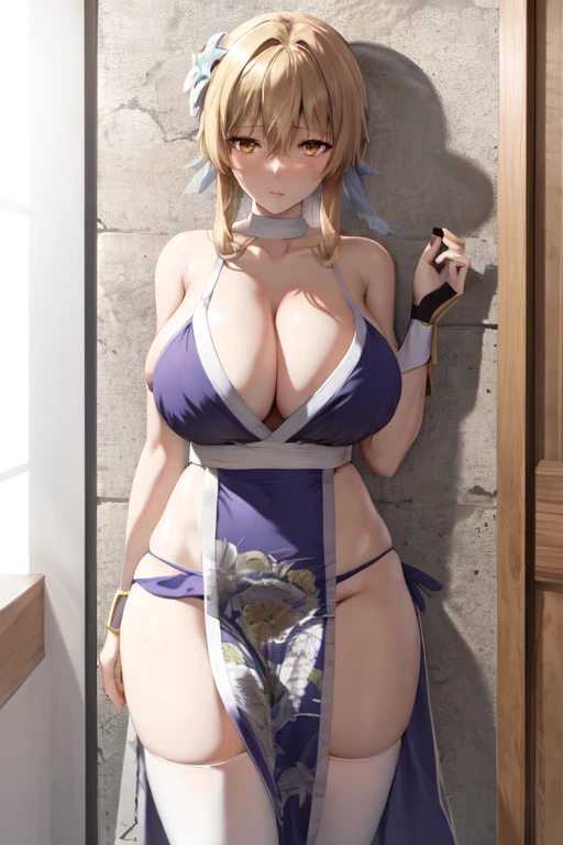 masterpiece, best quality, beautiful art, high resolution, well formed hands, body and fingers, 1 woman, solo, Lumine , blonde, adult, grown up, large and big breasted, cleavage,  full body, braided long hair, blue_japanese_clothes, wearing DOA Kasumi's blue kunoichi dress, sexy and skimpy japanese clothes, kimono peek, sleeveless, panties peek, white stockings, gorgeous legs and thighs,ryona , in peril, she is injured she is now cornered against the wall, helpless and vulnerable, she is dizzy and exhausted, looking at the viewer with anxiety and fear, she is afraid, , breathing heavily, terror in her eyes, helpless and weak, gasping, being at the edge of defeat, heroine in peril, ryona scene    