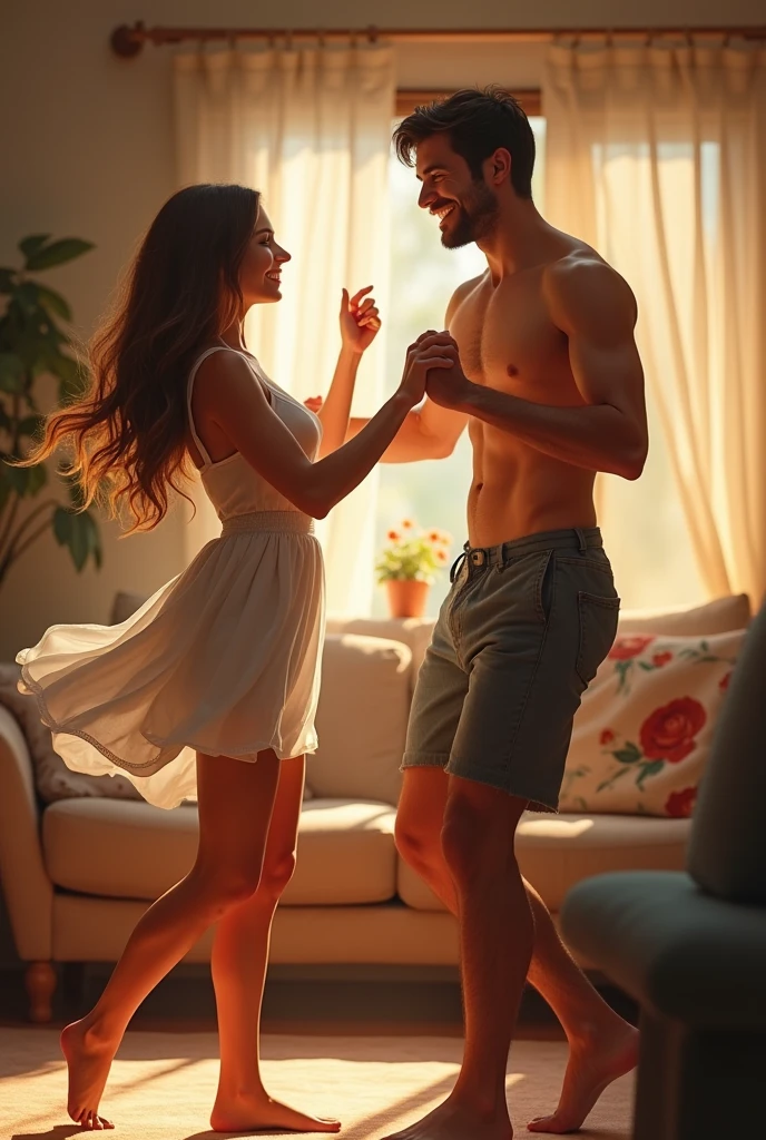 Couple dancing cheerfully to lively music at home. The woman is wearing a short dress, long straight hair, gorda. Skinny man without a shirt and wearing shorts. are smiling. PICTURE REALISTIC
