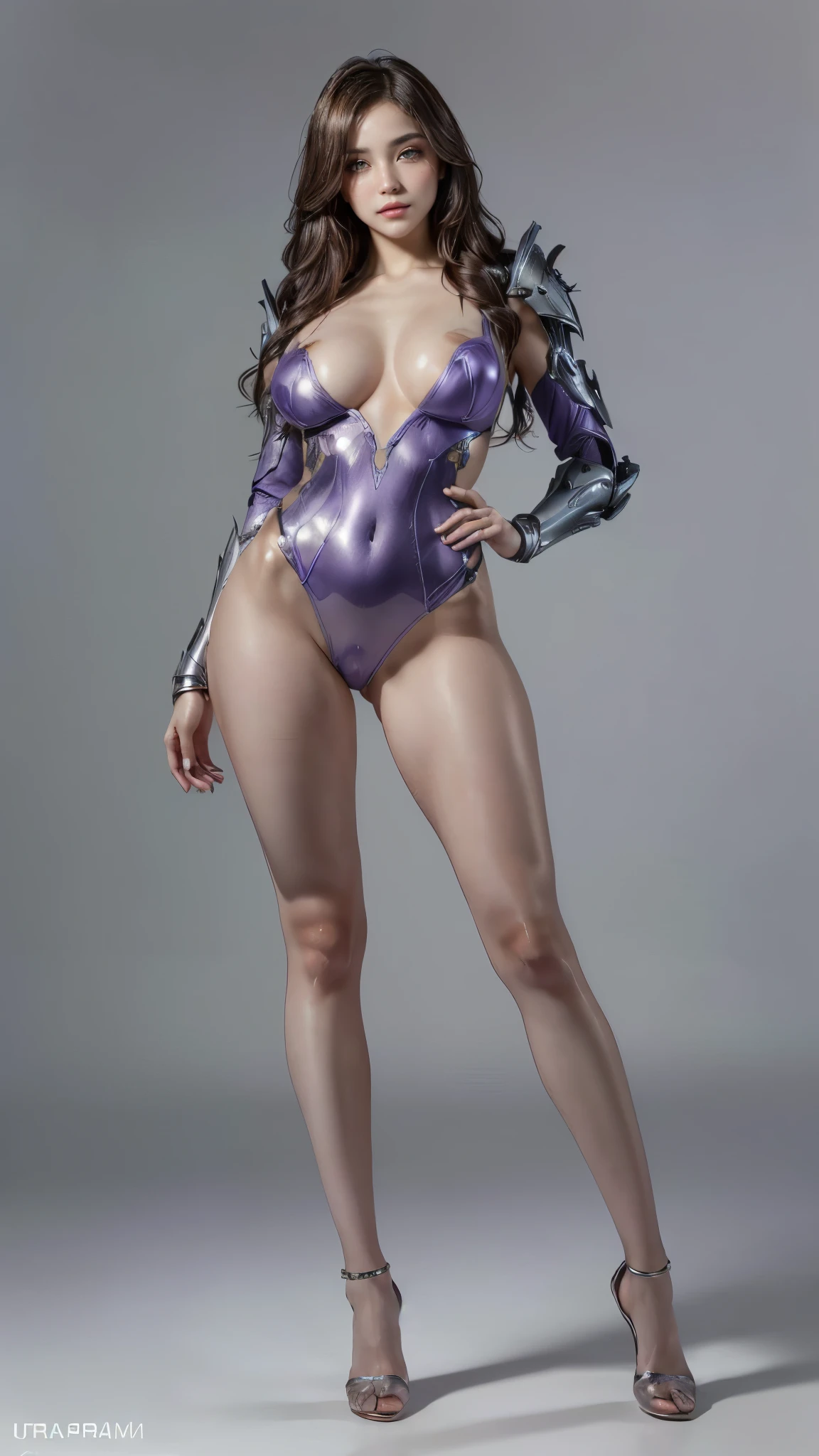 a woman in a shiny suit, posing for a picture, of a beautiful female warframe, of a beautiful saryn warframe, warframe armor, thick smooth warframe thighs, thick warframe legs, thick smooth warframe legs, platinum skin, pristine concept art, metallic bronze skin, warframe concept art, warframe armor!!, chrome outfit, (full body:1.8), (upper body up:0.3), (hyper realistic:1.4), (realistic:1.3), (best quality real texture skin), Detailed eyes, detailed face, PERSEPHONE, Hyperrealistic, LESS saggy breasts, (SMALL BREASTS:1.5), (HUGE LEGS:1.5), (LESS THIGHS:1.5), perfect legs, perfect legs, pernas added, pernas added e perfeitas, turned legs, shapely thighs, pernas added, Smooth Thighs. (erotic pose:1.5), (thick eyebrows:1.2), (big purple eyes:1.2), (ultra detailed eyes:1.4), (high resolution eyes:1.1), (ultra detailed skin texture:1.4), (Beautiful toned body:1.1), headband, (Moist skin:1.1), (sensual face:1.5),