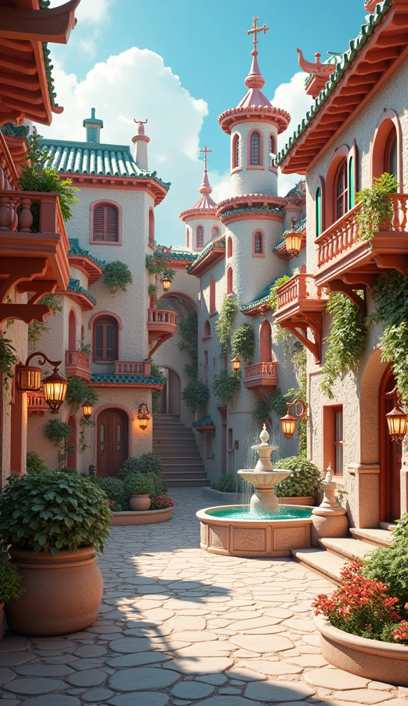 a ceramic town, intricate architecture, ornate buildings, detailed ceramic tiles, stunning ceramic sculptures, whimsical ceramic fountains, vibrant ceramic colors, glowing ceramic lanterns, serene ceramic courtyards, cobblestone ceramic streets, beautiful ceramic gardens, (best quality,4k,8k,highres,masterpiece:1.2),ultra-detailed,(realistic,photorealistic,photo-realistic:1.37),concept art,cinematic lighting,vivid colors,award winning