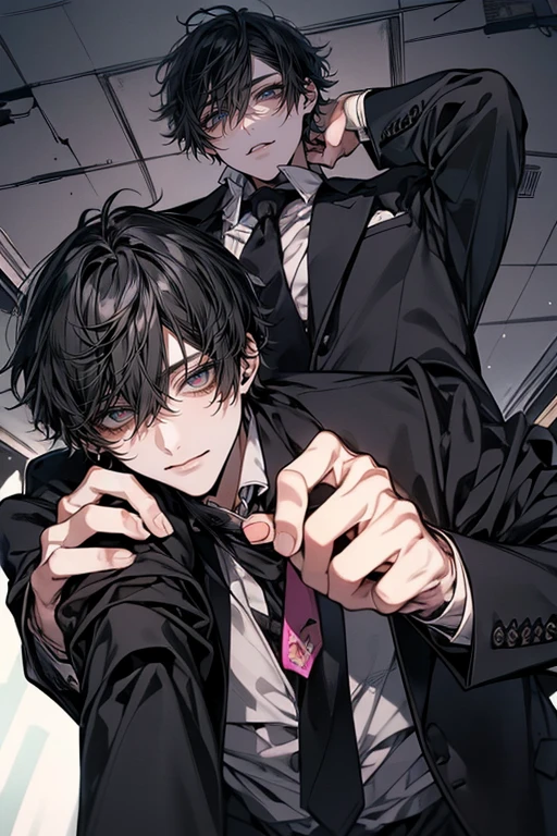 (Mastepiece)、(Best Quality)、Very detailed、((One man:1.3))、((Shooting from below:1.5))、Perfect Face、Beautiful Face、Very detailedな顔、(Black Hair:1.3)、Black suit、((Man loosening his tie:1.5))