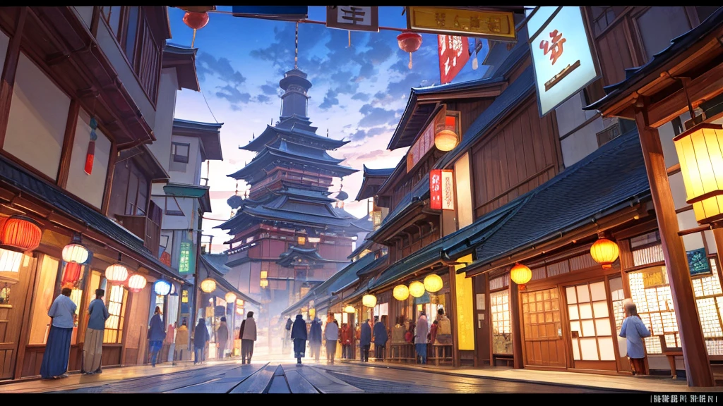 A bustling Japanese street, full of traditional shops and vibrant signs. The street is crowded with a variety of intricate objects and details., creating a rich and immersive environment. The atmosphere is dreamlike, with pastel colored clouds floating in the sky. Koi fish swim gracefully through the air, Birds flutter and cats roam the scene. People wear traditional Japanese clothing, like kimonos and yukatas, which adds a touch of cultural authenticity. The whole scene is bathed in soft pastel tones, enhancing its surreal and charming quality.